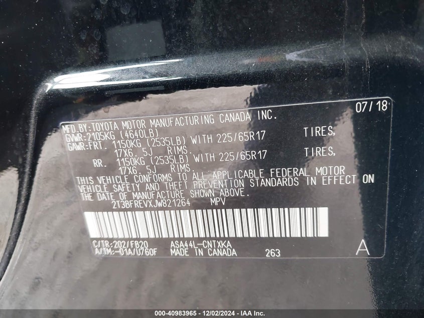 2018 TOYOTA RAV4 LE VIN: 2T3BFREVXJW821264