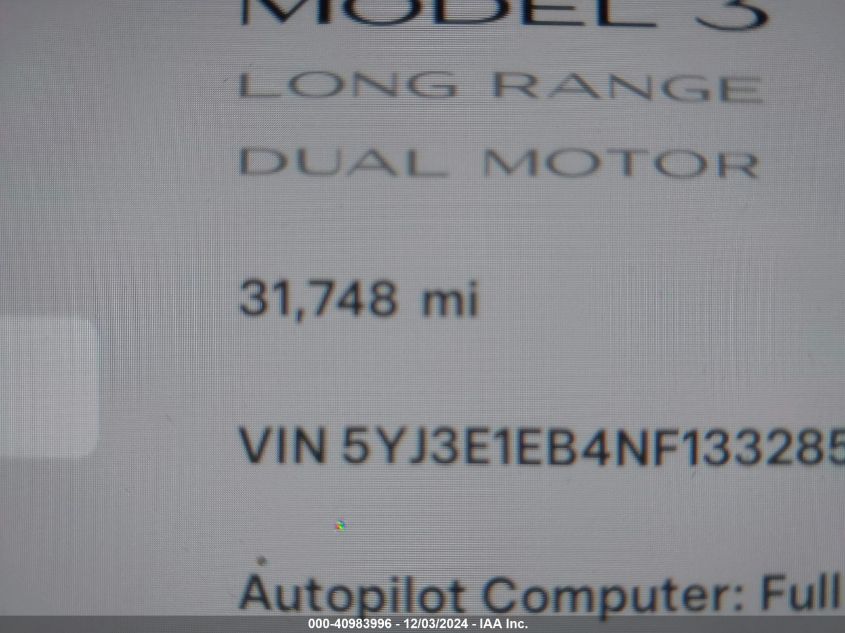 VIN 5YJ3E1EB4NF133285 2022 Tesla Model 3, Long Rang... no.15