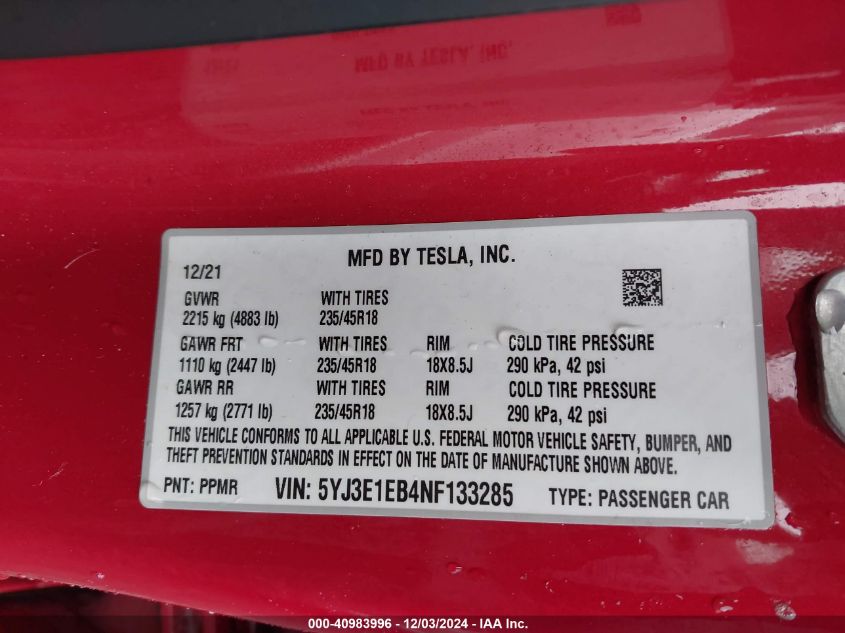 VIN 5YJ3E1EB4NF133285 2022 Tesla Model 3, Long Rang... no.9