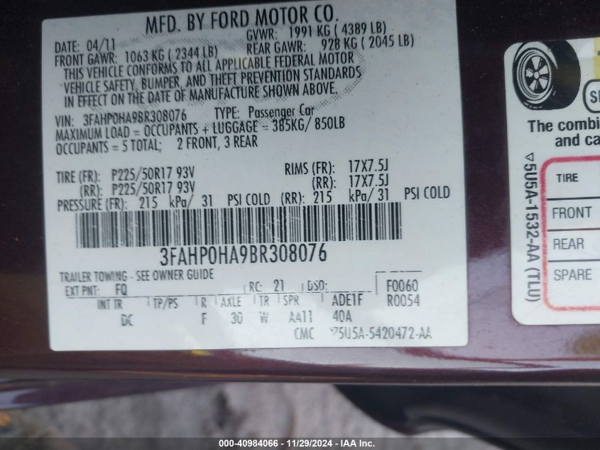 2011 Ford Fusion Se VIN: 3FAHP0HA8BR143797 Lot: 40984066