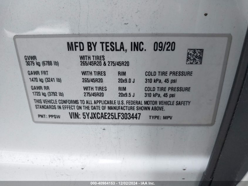 2020 Tesla Model X Long Range Dual Motor All-Wheel Drive/Long Range Plus Dual Motor All-Wheel Drive VIN: 5YJXCAE25LF303447 Lot: 40984153