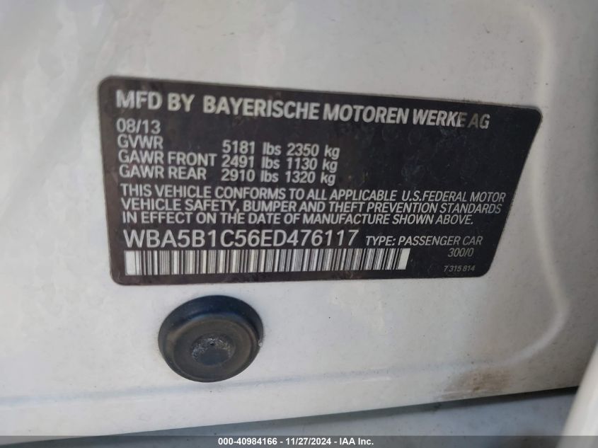 VIN WBA5B1C56ED476117 2014 BMW 5 Series, 535I no.9