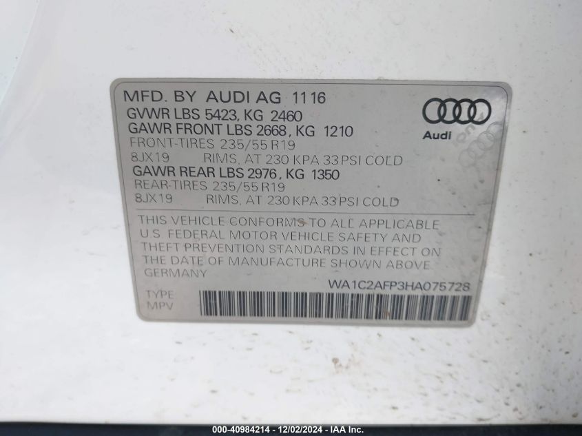 2017 Audi Q5 2.0T Premium VIN: WA1C2AFP3HA075728 Lot: 40984214