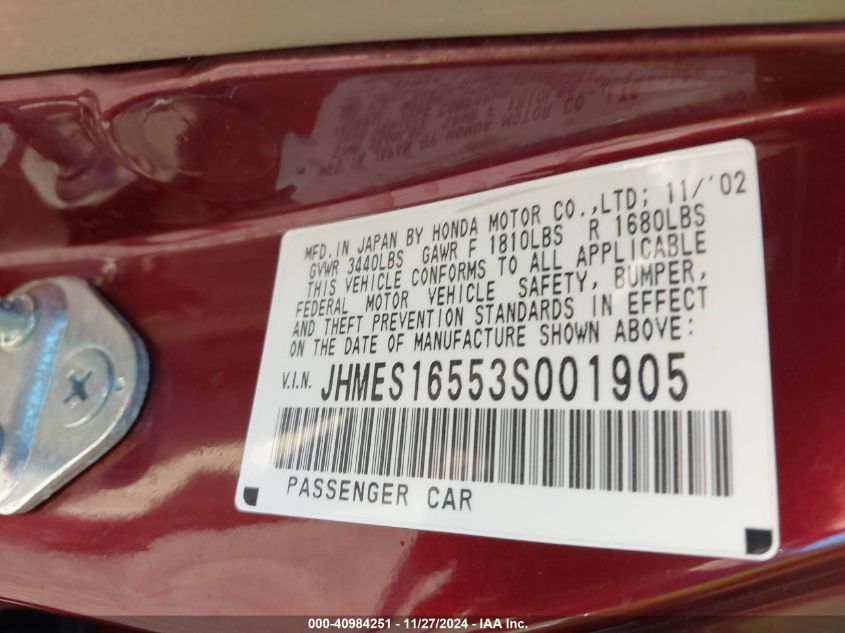 2003 Honda Civic Lx VIN: JHMES16553S001905 Lot: 40984251