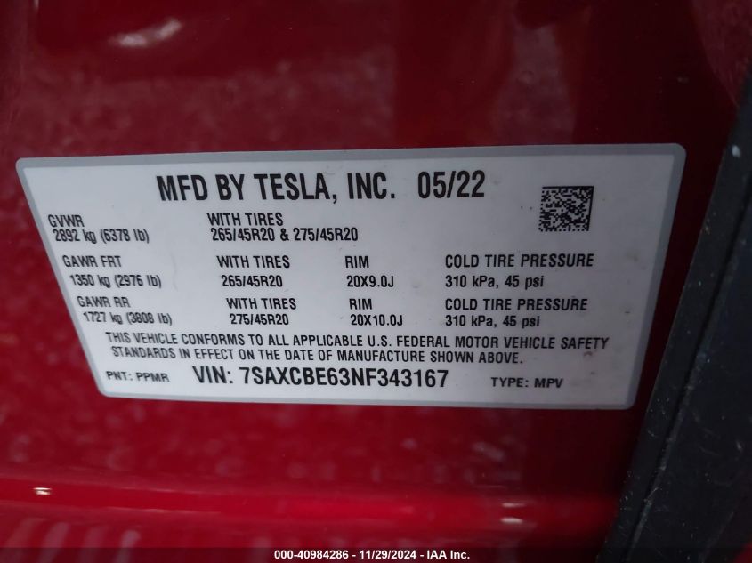 2022 Tesla Model X Plaid Tri Motor All-Wheel Drive VIN: 7SAXCBE63NF343167 Lot: 40984286