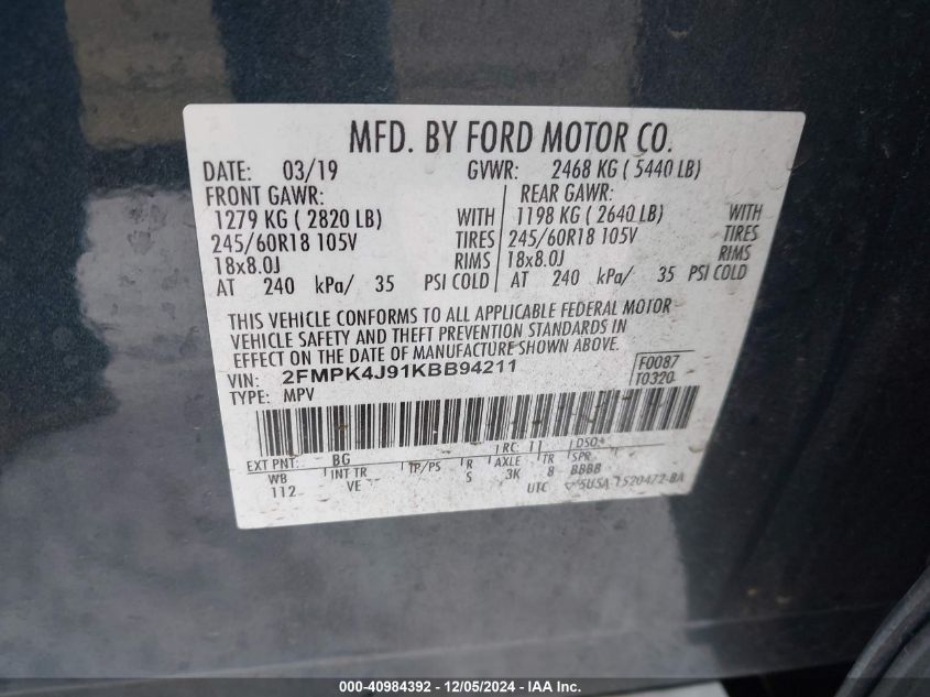 VIN 2FMPK4J91KBB94211 2019 FORD EDGE no.9