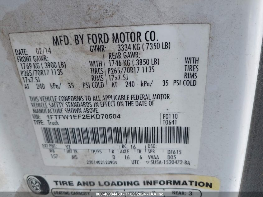 VIN 1FTFW1EF2EKD70504 2014 Ford F-150, Xlt no.9