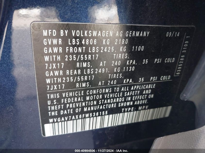 VIN WVGAV7AX6FW536155 2015 Volkswagen Tiguan, SE no.9