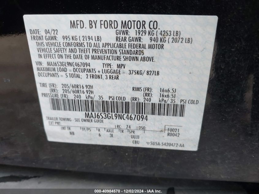 2022 Ford Ecosport Se VIN: MAJ6S3GL9NC467094 Lot: 40984570