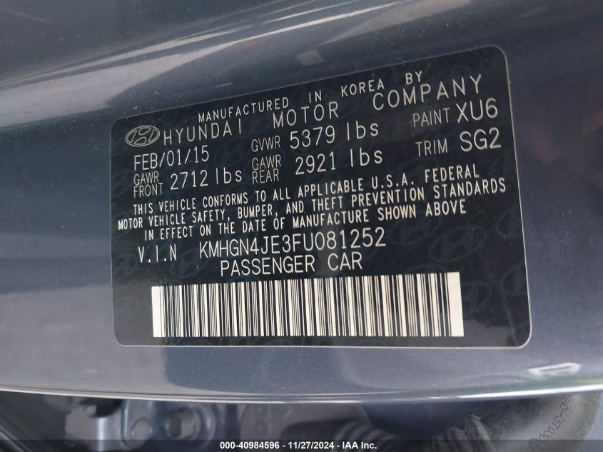 2015 HYUNDAI GENESIS VIN: KMHGN4JE3FU081252