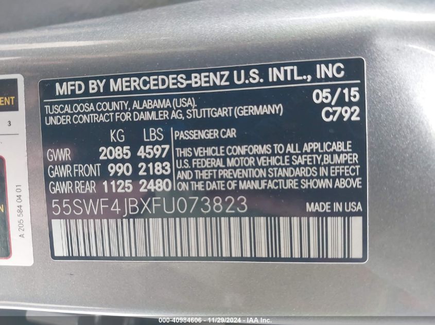 VIN 55SWF4JBXFU073823 2015 Mercedes-Benz C 300, Lux... no.9