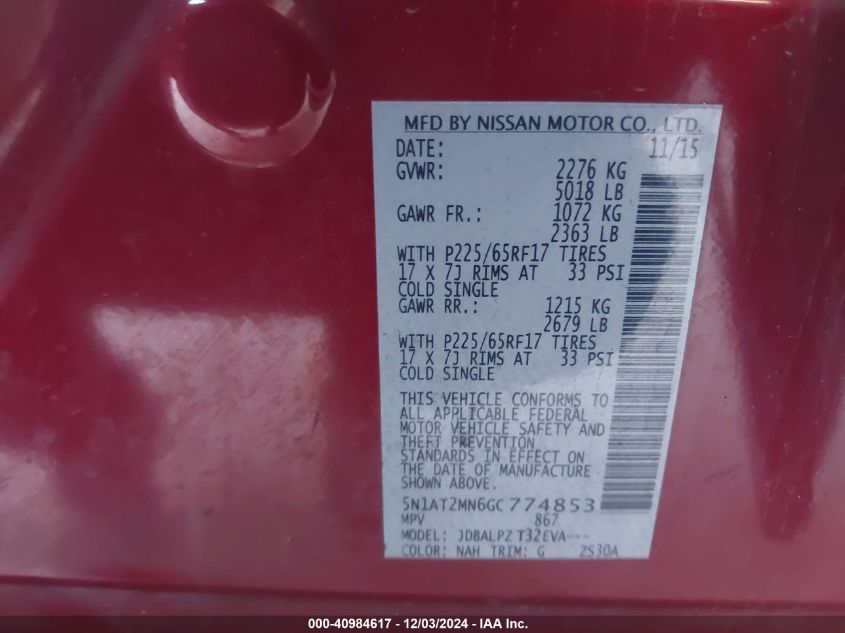 VIN 5N1AT2MN6GC774853 2016 Nissan Rogue, S no.9