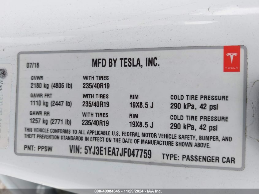 VIN 5YJ3E1EA7JF047759 2018 TESLA MODEL 3 no.9