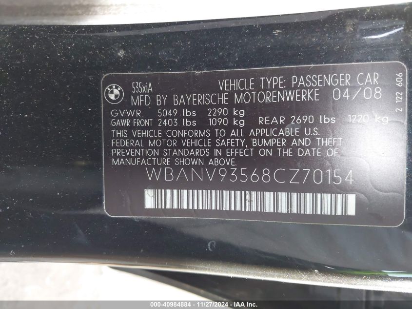 2008 BMW 535Xi VIN: WBANV93568CZ70154 Lot: 40984884