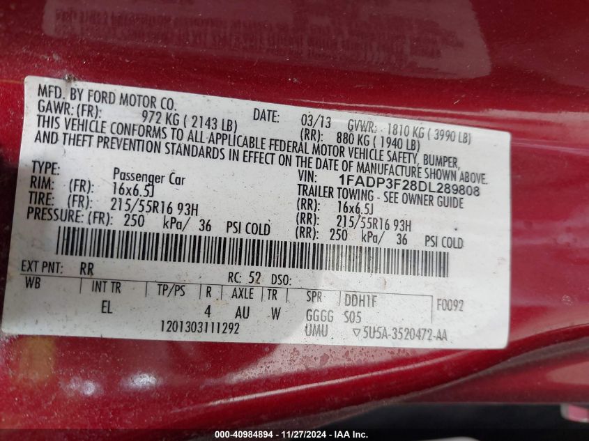 VIN 1FADP3F28DL289808 2013 FORD FOCUS no.9