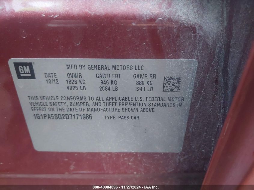 2013 Chevrolet Cruze Ls Auto VIN: 1G1PA5SG2D7171986 Lot: 40984896
