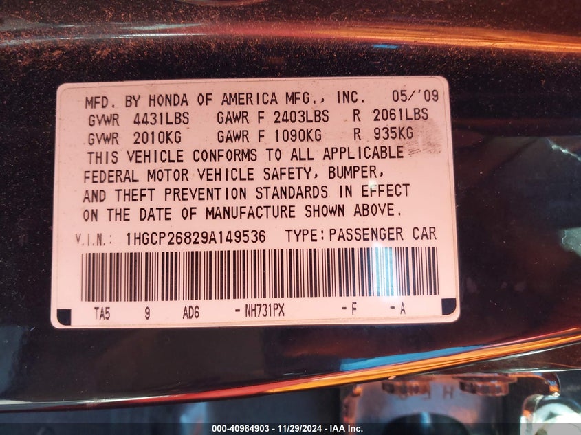 2009 Honda Accord 2.4 Ex-L VIN: 1HGCP26829A149536 Lot: 40984903