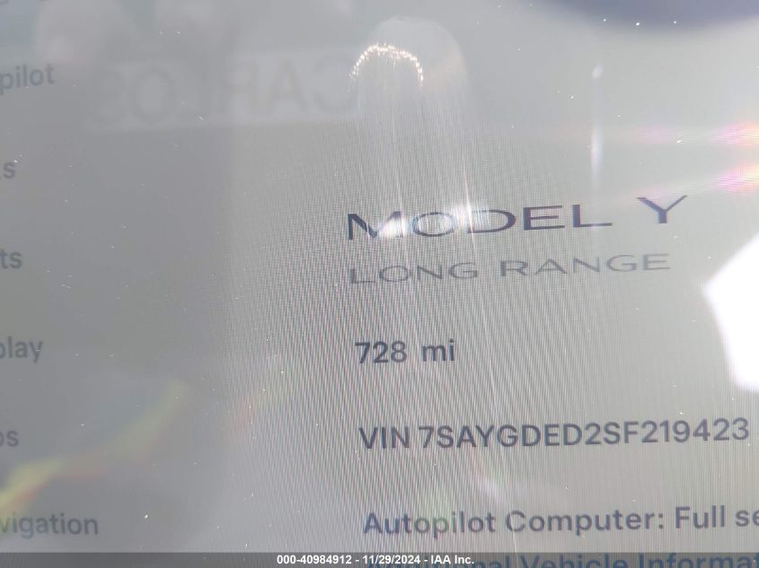 2025 Tesla Model Y Long Range Dual Motor All-Wheel Drive VIN: 7SAYGDED2SF219423 Lot: 40984912