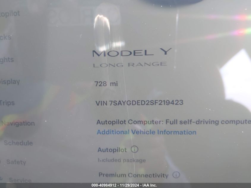 2025 Tesla Model Y Long Range Dual Motor All-Wheel Drive VIN: 7SAYGDED2SF219423 Lot: 40984912