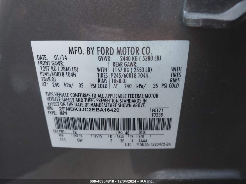 VIN 2FMDK3JC2EBA16420 2014 FORD EDGE no.9