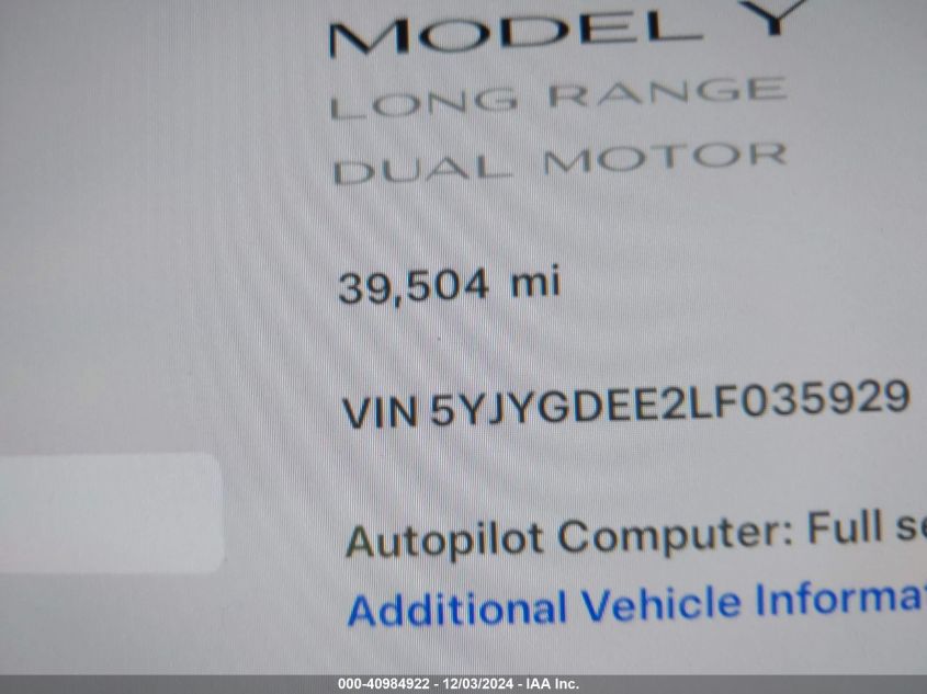 2020 Tesla Model Y Long Range Dual Motor All-Wheel Drive VIN: 5YJYGDEE2LF035929 Lot: 40984922