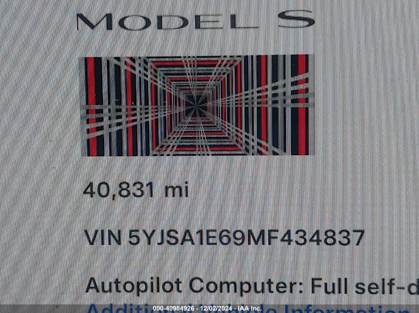 2021 Tesla Model S Plaid Tri Motor All-Wheel Drive VIN: 5YJSA1E69MF434837 Lot: 40984926