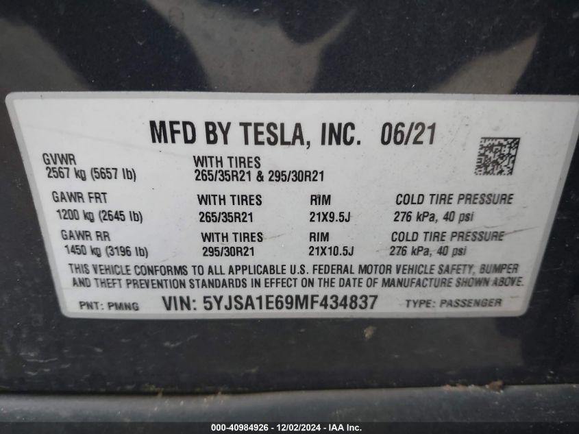 2021 Tesla Model S Plaid Tri Motor All-Wheel Drive VIN: 5YJSA1E69MF434837 Lot: 40984926