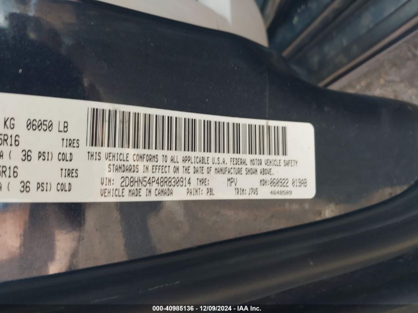 2008 Dodge Grand Caravan Sxt VIN: 2D8HN54P48R830914 Lot: 40985136