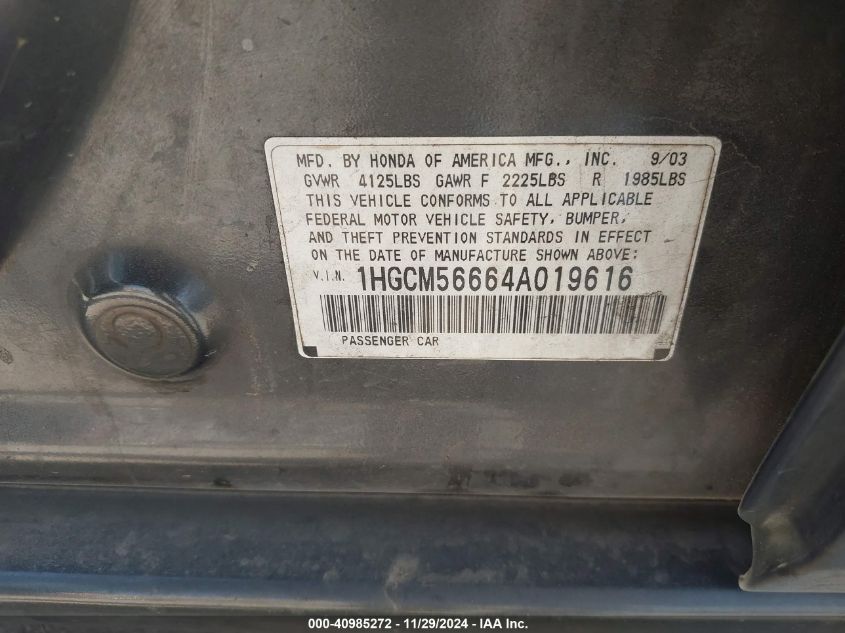 2004 Honda Accord 2.4 Ex VIN: 1HGCM56664A019616 Lot: 40985272