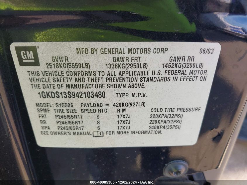 2004 GMC Envoy Slt VIN: 1GKDS13S942103480 Lot: 40985385