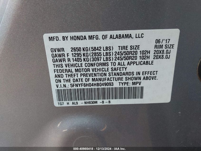 VIN 5FNYF6H04HB049093 2017 Honda Pilot, Elite no.9