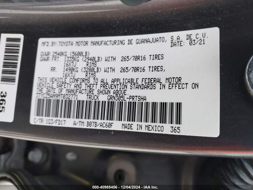 VIN 3TYCZ5AN9MT032771 2021 Toyota Tacoma, Trd Off-Road no.9