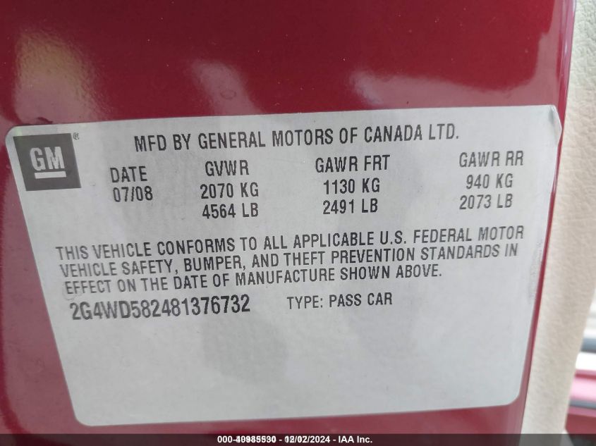 2008 Buick Lacrosse Cxl VIN: 2G4WD582481376732 Lot: 40985530
