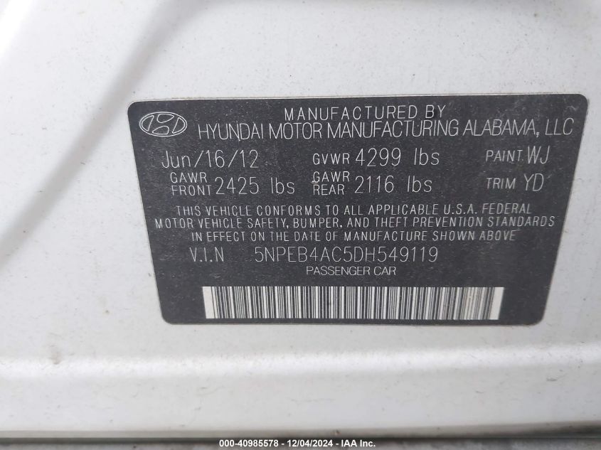 VIN 5NPEB4AC5DH549119 2013 HYUNDAI SONATA no.9