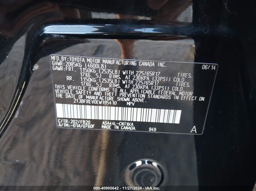 2014 TOYOTA RAV4 VIN: 2T3BFREV0EW195410