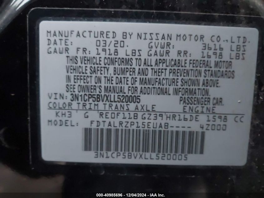 VIN 3N1CP5BVXLL520005 2020 Nissan Kicks, S Xtronic Cvt no.9