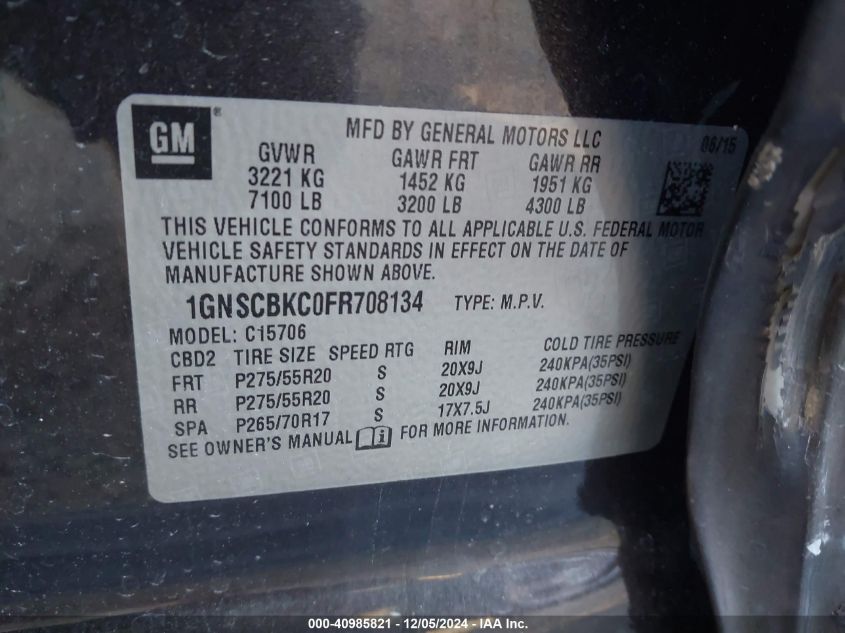 VIN 1GNSCBKC0FR708134 2015 Chevrolet Tahoe, LT no.9