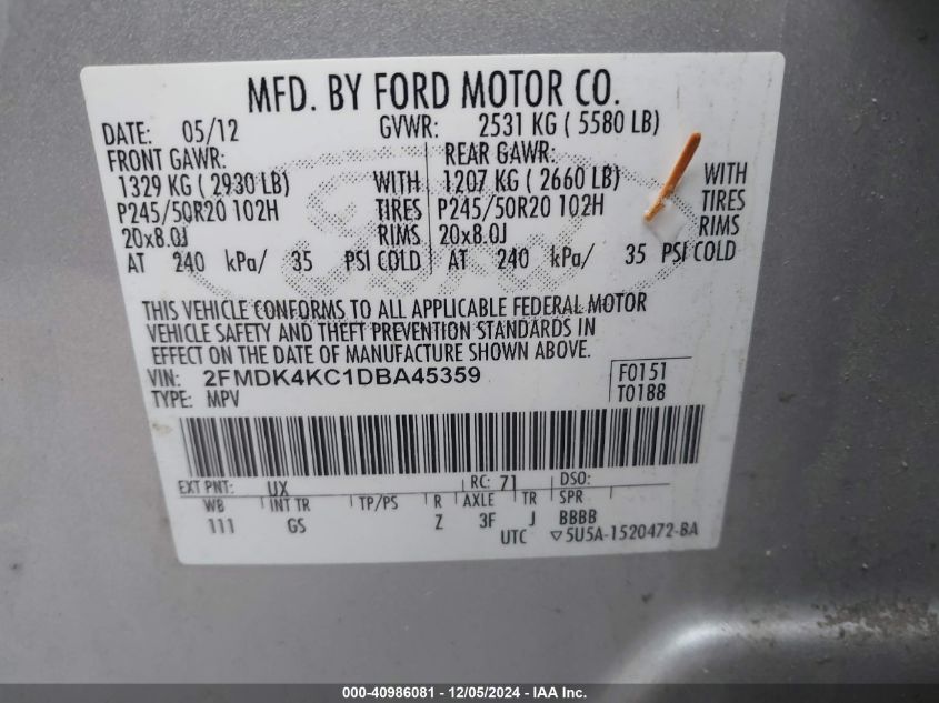 VIN 2FMDK4KC1DBA45359 2013 Ford Edge, Limited no.9