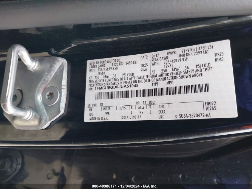 VIN 1FMCU9GD0JUA51048 2018 Ford Escape, SE no.9