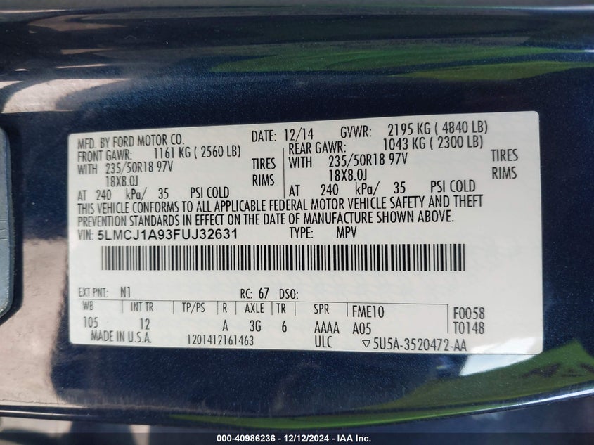 2015 LINCOLN MKC - 5LMCJ1A93FUJ32631