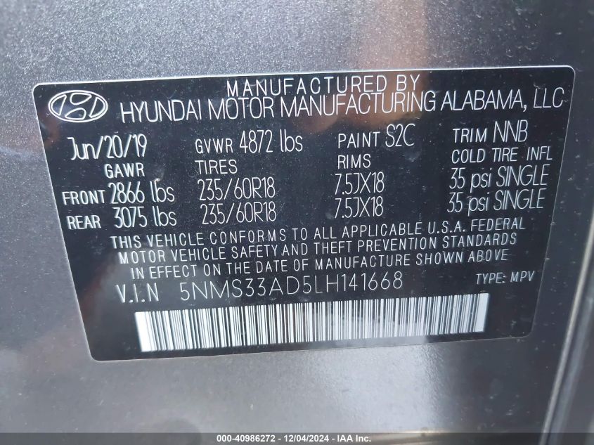 VIN 5NMS33AD5LH141668 2020 Hyundai Santa Fe, Sel no.9