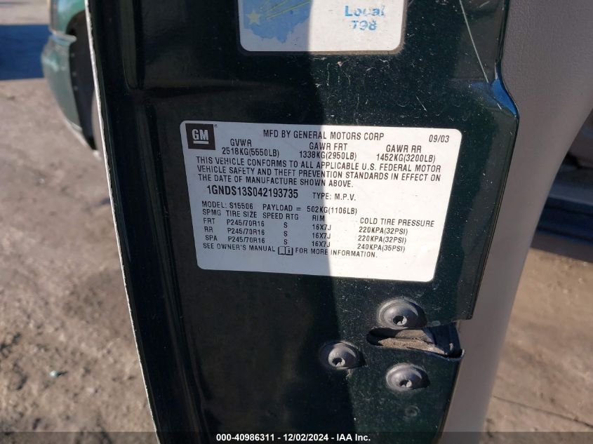 2004 Chevrolet Trailblazer Ls VIN: 1GNDS13S042193735 Lot: 40986311