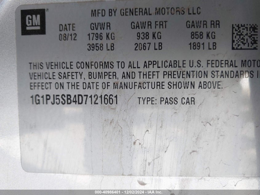 2013 CHEVROLET CRUZE VIN: 1G1PJ5SB4D7121661