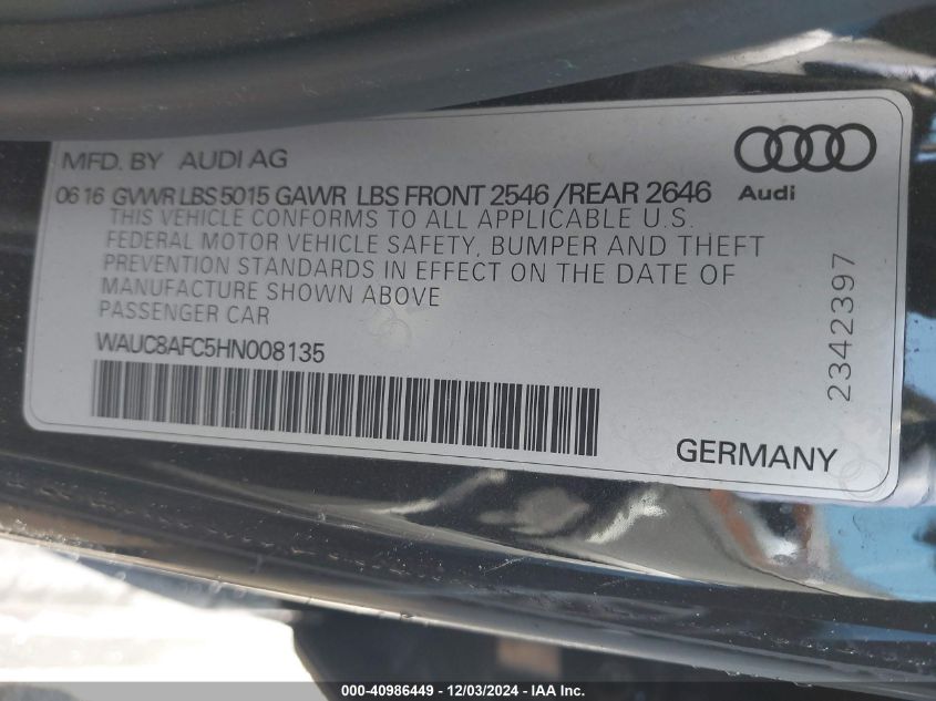 2017 AUDI A6 2.0T PREMIUM - WAUC8AFC5HN008135