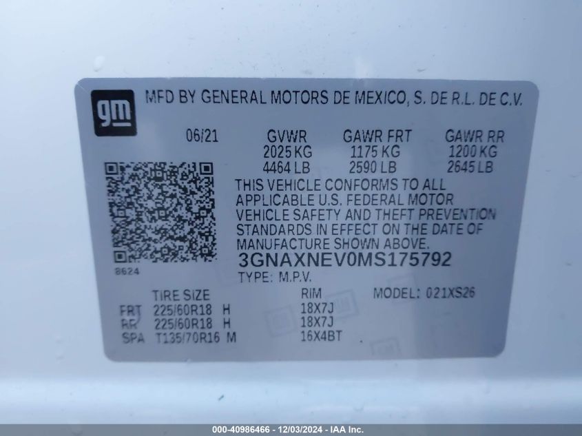 VIN 3GNAXNEV0MS175792 2021 Chevrolet Equinox, Fwd P... no.9