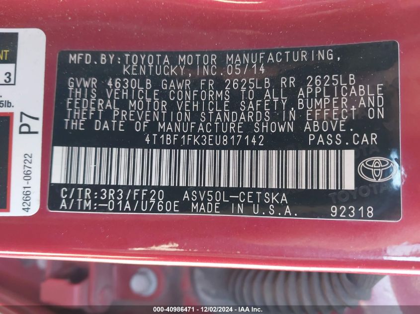 VIN 4T1BF1FK3EU817142 2014 Toyota Camry, SE no.9