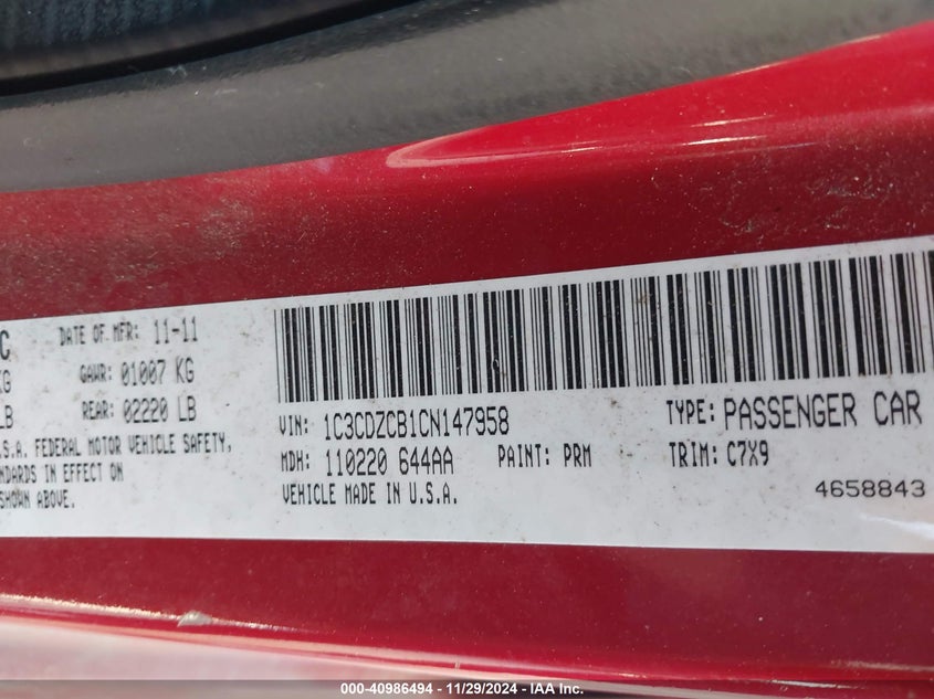 2012 DODGE AVENGER VIN: 1C3CDZCB1CN147958