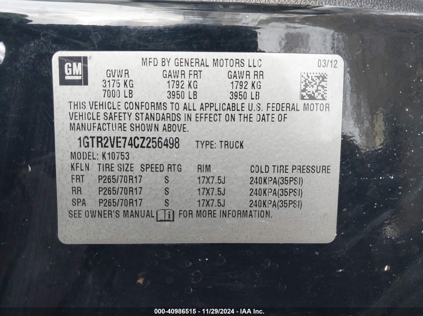 2012 GMC SIERRA VIN: 1GTR2VE74CZ256498
