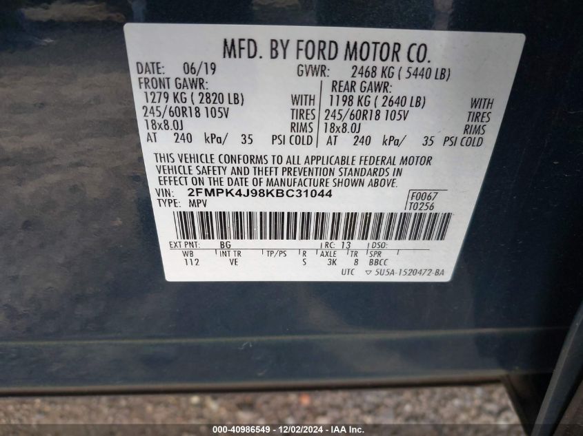 VIN 2FMPK4J98KBC31044 2019 Ford Edge, Sel no.9