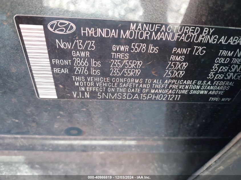 VIN 5NMS3DA15PH021211 2023 Hyundai Santa Fe, Hybrid... no.9